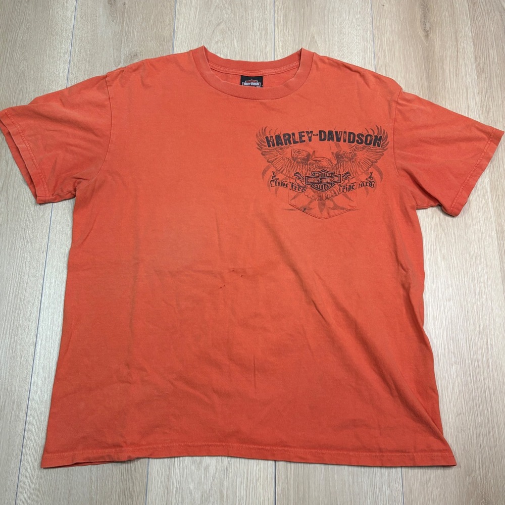 Harley-Davidson Route 66 Tulsa Oklahoma Flames Eagle Pocket T-Shirt Orange XL